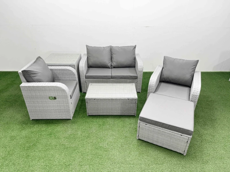 Image of Fimous Light Grey PE Wicker Rattan Garden Furniture Set Sofa Set Reclining Adjustable Chair Rectangular Coffee Table 5 Seater With Footstool Side Tabl