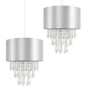 image of 2 x Ceiling Pendant Light Shades with Clear Acrylic Jewel Droplets - Grey - No Bulb