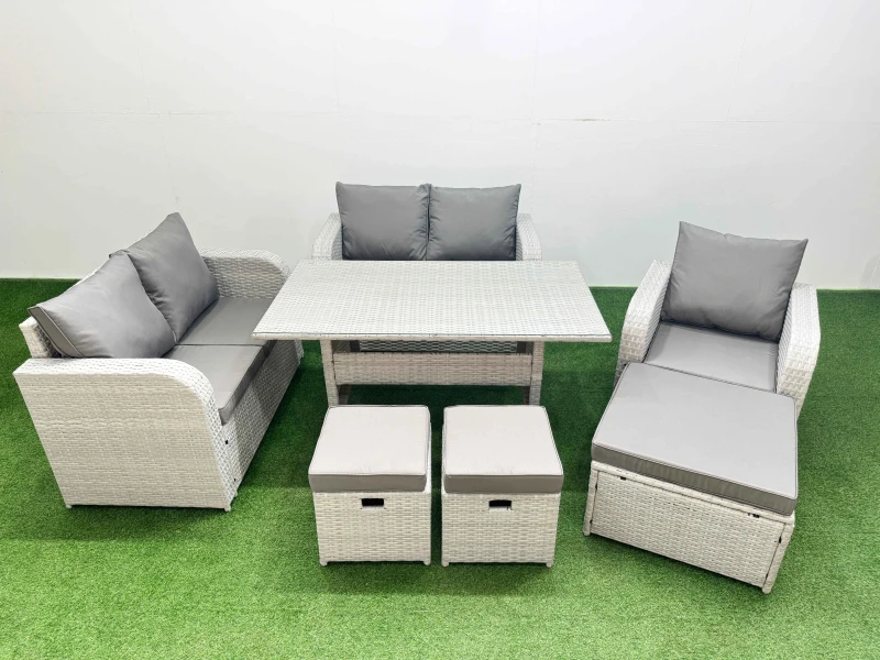Image of Fimous High Back Poly Rattan Garden Furniture Set with Reclining Chair Loveseat Sofa Rectangular Dining Table Indoor Outdoor Patio Set 3 Stools Light