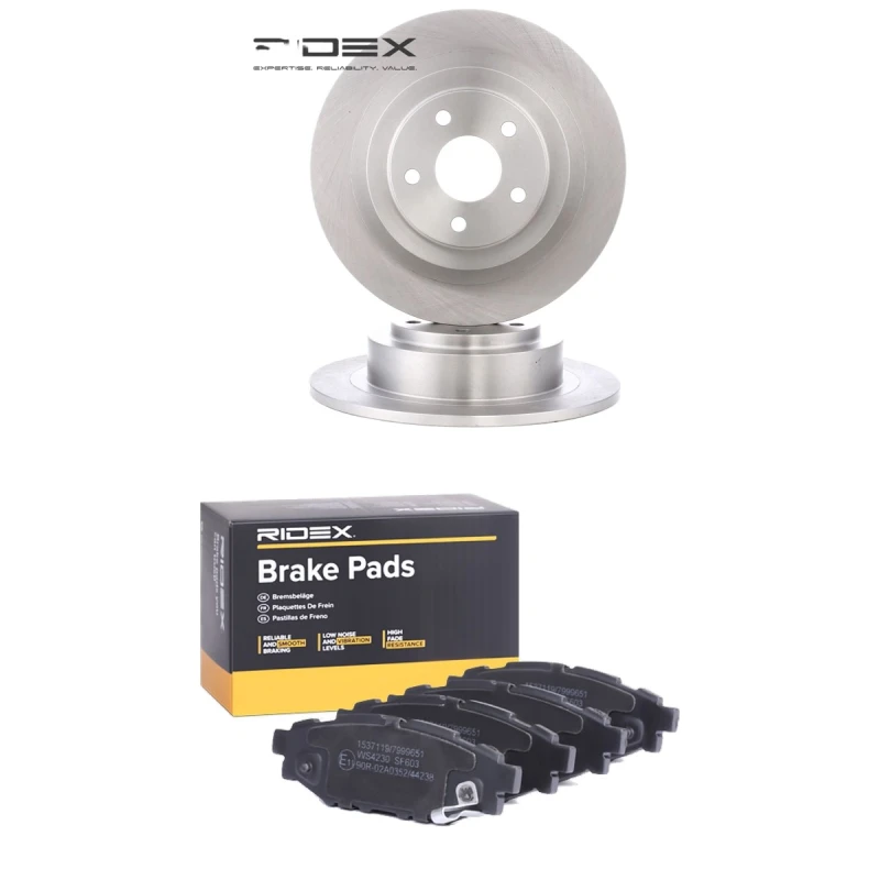 Image of RIDEX 3405B2366 Brake disc and pads set Rear Axle, Brake Disc Type: Solid, with acoustic wear warning Brake Set,disc brakes (3405)