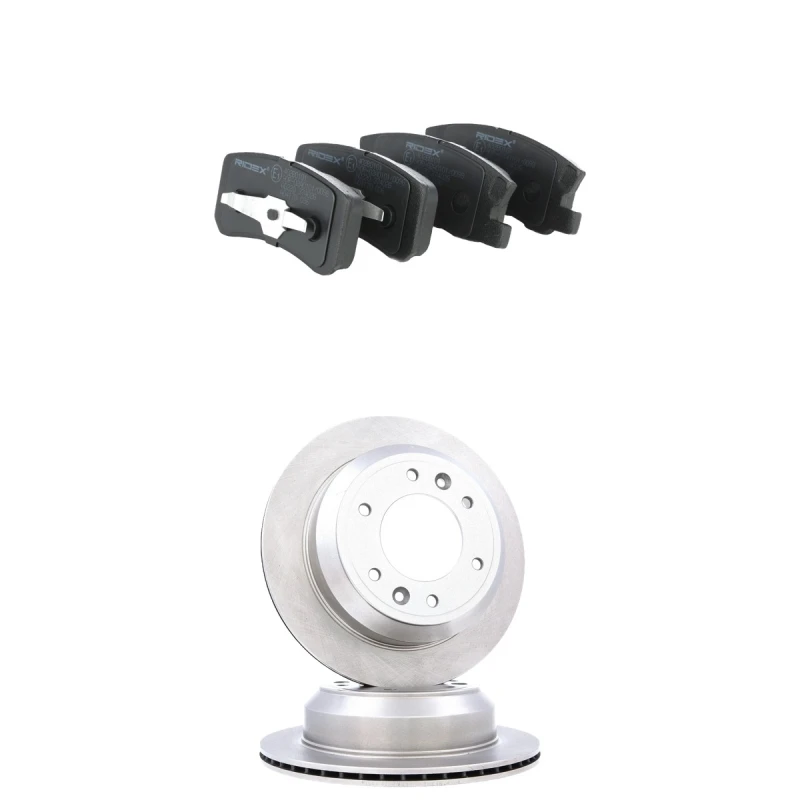 Image of RIDEX 3405B2227 Brake disc and pads set Rear Axle, Brake Disc Type: internally vented, with acoustic wear warning Brake Set,disc brakes (3405)