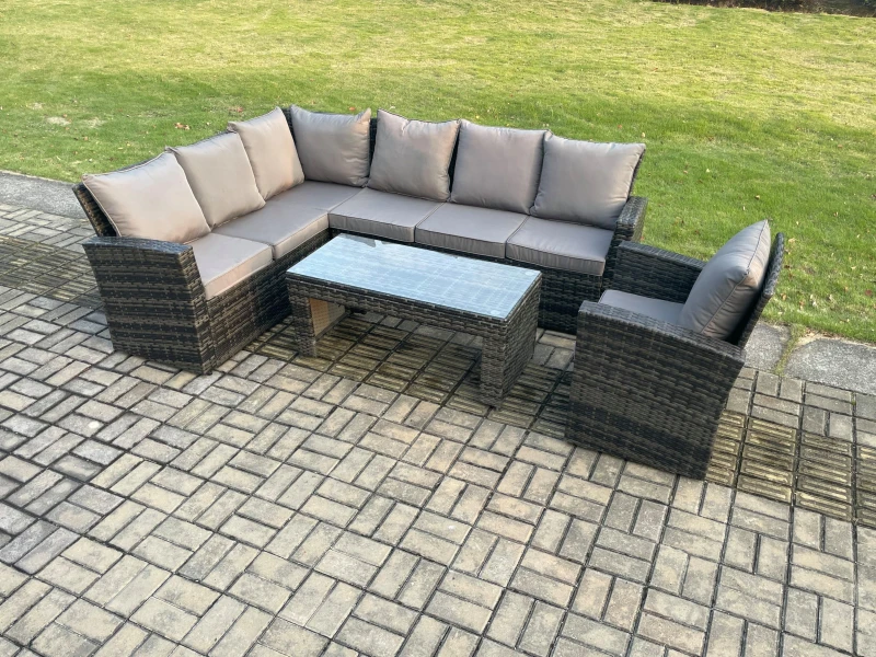 Image of Fimous 7 Seat Rattan Garden Furniture Corner Sofa Set Outdoor Patio Chair Sofa Table Set Dark Grey Mixed Dark Grey Unisex