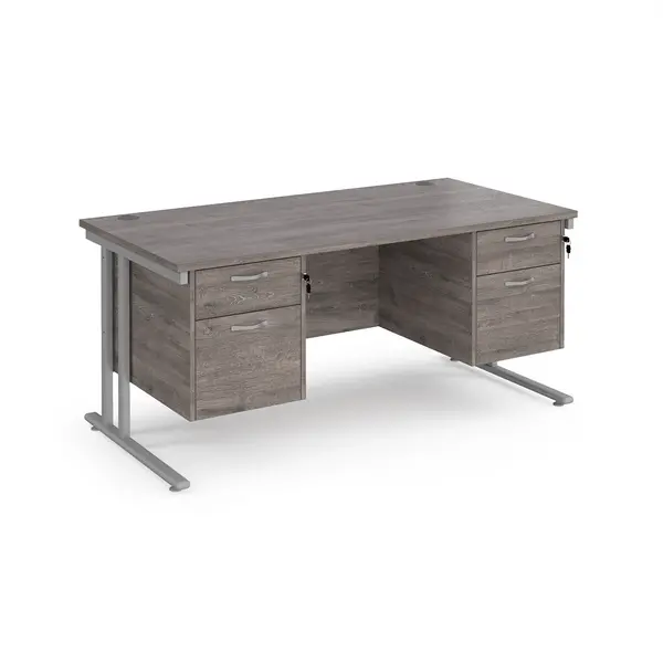 image of Maestro 25 straight desk 1600mm x 800mm with two x 2 drawer pedestals - silver cantilever leg frame, grey oak top