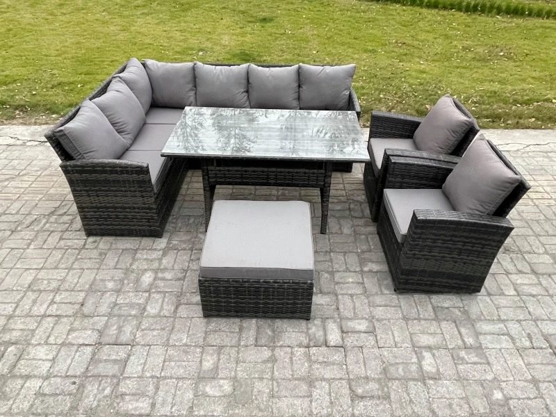 Image of Fimous 9 Seater Outdoor Rattan Garden Furniture Set with Dining Table Big Footstool 2 Armchiars Patio Wicker Corner Sofa Set in Dark Grey Dark Grey Un