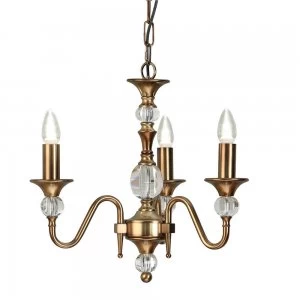 Image of 3 Light Multi Arm Ceiling Pendant Chandelier Antique Brass, Crystal, E14
