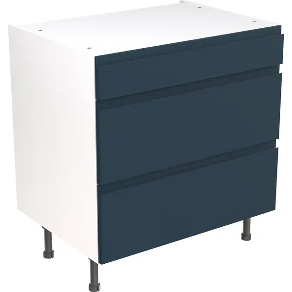 Image of Kitchen Kit Ready Made J-Pull Kitchen Cabinet Base 3 Drawer Unit Ultra Matt 800mm in Indigo Blue