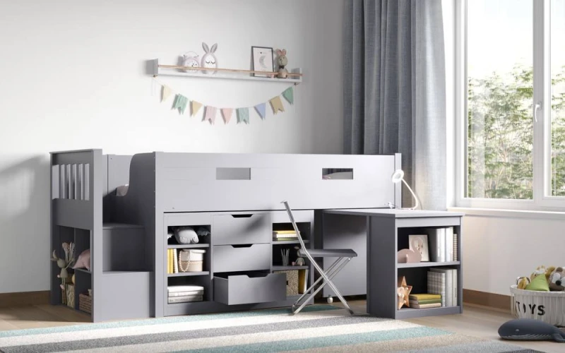 Image of Flair Charlie Staircase Mid Sleeper Cabin Bed with Storage & Desk Grey