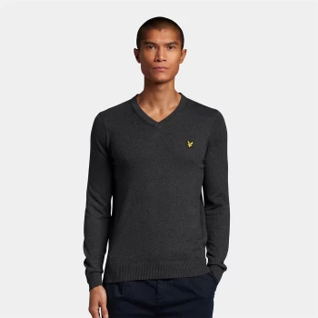 Mens V Neck Cotton Merino Jumper - Charcoal Marl - XS