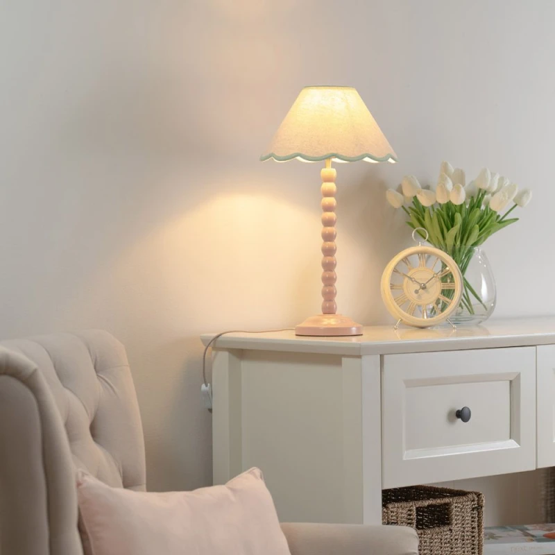 Image of ValueLights ValueLights Bobbins Rose Pink Table Lamp with Tapered Natural Linen Scallop Shade in Pale Green Pale Green One Size Unisex 5059406042911