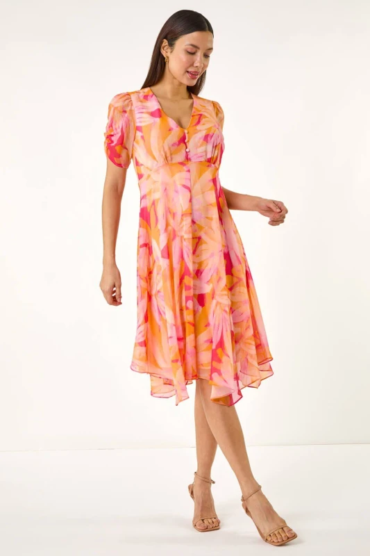 Image of Roman Womens Abstract Floral Print Hanky Hem Dress in Orange Size: 12 Orange Female 12