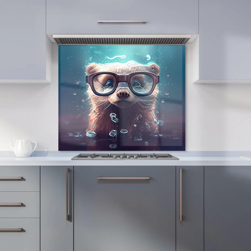 Image of Warren Reed - Designer Ferret With Glasses Splashart Water Kitchen Splashback in Blue Size: 600mm x 750mm Blue Unisex 600mm x 750mm