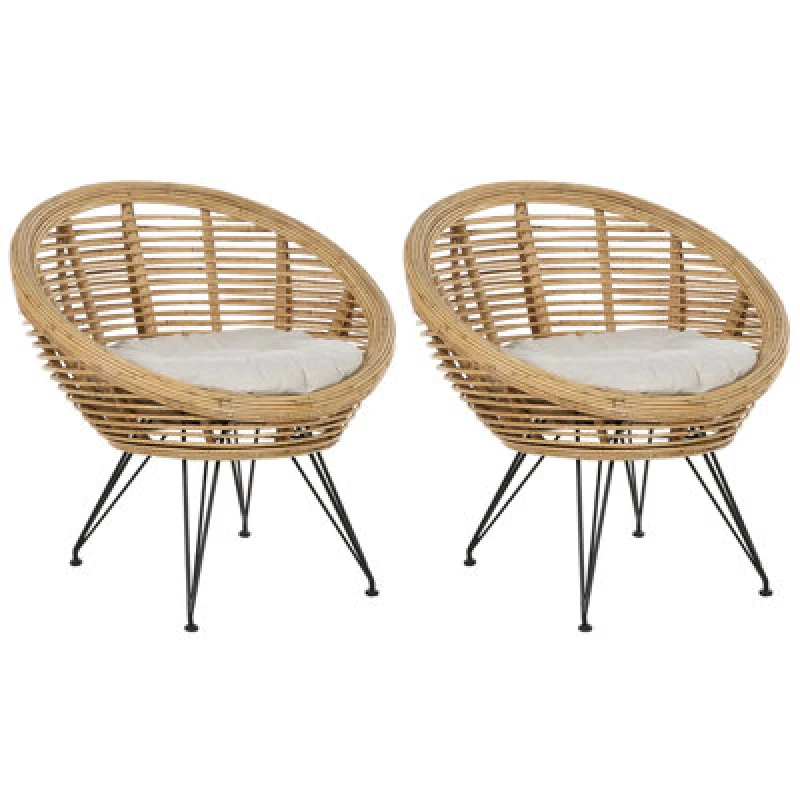 Image of Beliani Set Of 2 Garden Chairs With Cushions Maratea Rattan Natural