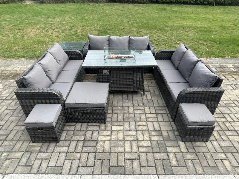 Image of Fimous Outdoor Rattan Furniture Garden Dining Set Gas Fire Pit Table With Side Table Lounge Sofa 3 Footstool Dark Grey