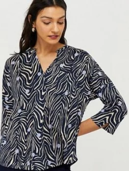 image of Monsoon Lois Linen Printed Long Sleeve Top - Navy