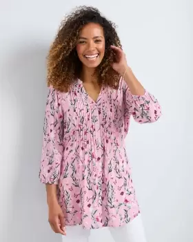 image of Cotton Traders Womens Crinkle ¾ Sleeve Print Tunic in Pink