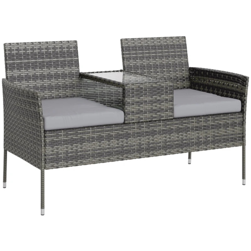 Image of Outsunny Rattan Garden Bench w/ Glass Tea Table, Wicker Chair w/ Cushions Charcoal Grey 867-181V71CG