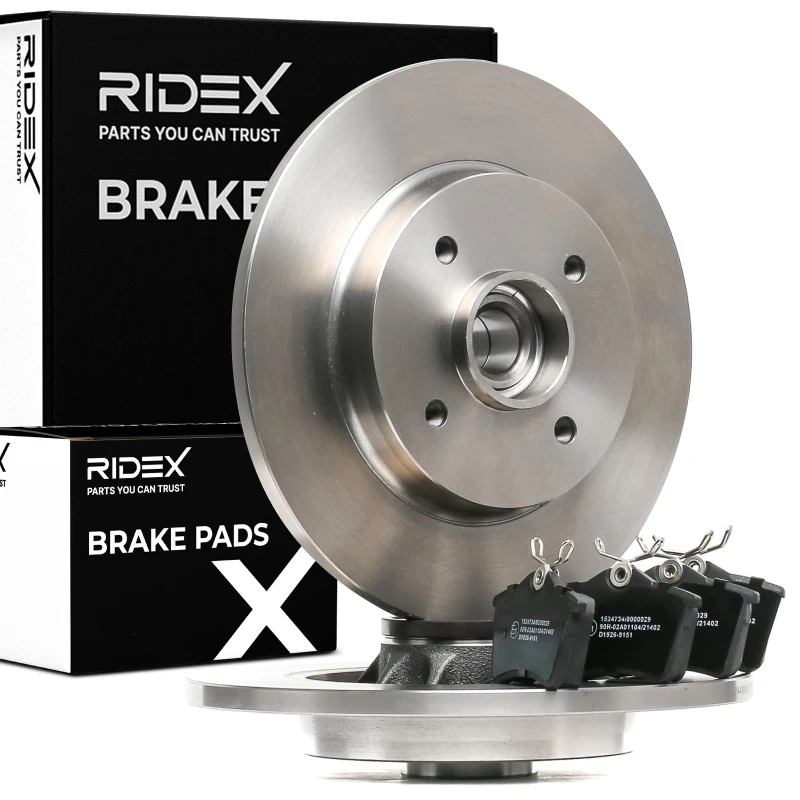 Image of RIDEX 3405B0933 Brake disc and pads set Rear Axle, Brake Disc Type: Solid, excl. wear warning contact Brake Set,disc brakes (3405)