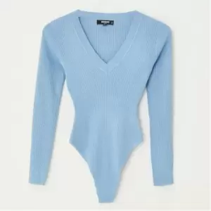 image of Missguided Petite Skinny Rib V Neck Knit Bodysuit - Blue