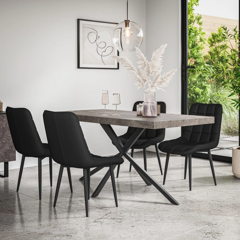 Image of More4Homes Donni Dining Table And Chairs - Concrete Effect Table Top W Black Legs + Nova Faux Leather Dining Chair Set Of 6 (Black)