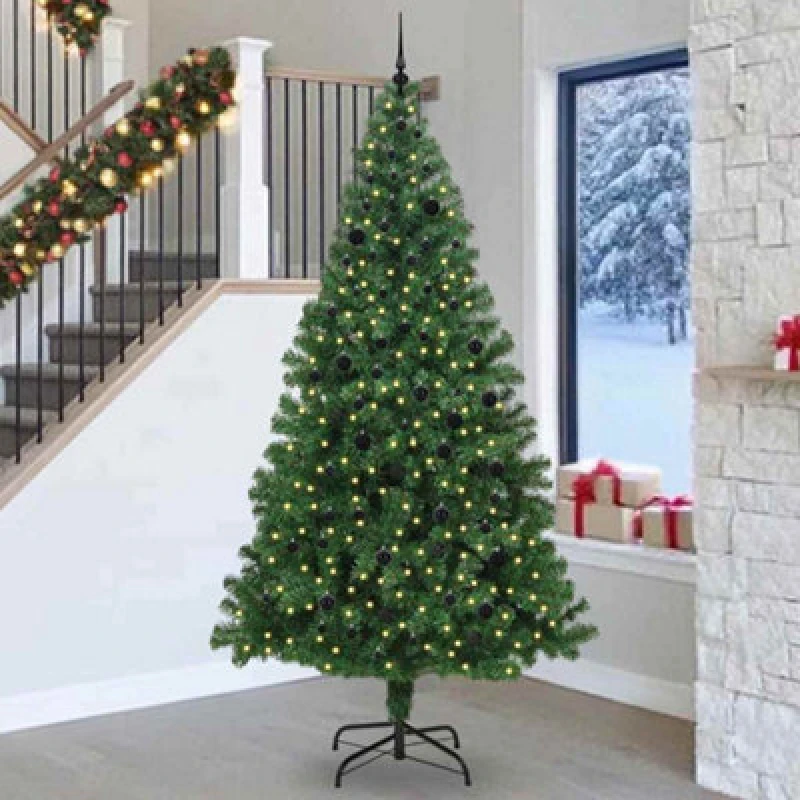 Image of vidaXL Artificial Christmas Tree with 300 LEDs and Black Balls with Stand Green 240 cm, Green 3396932