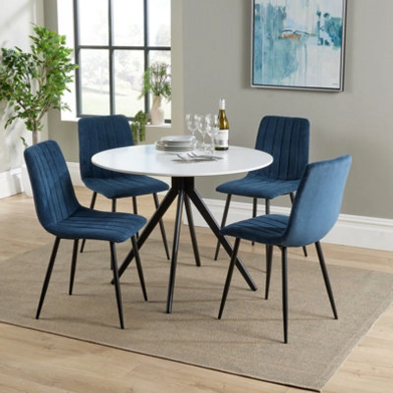 Image of Core Products Aspen White Round Table & 4 Blue Fabric Chair Dining Set, White ASTB4-WHSET5