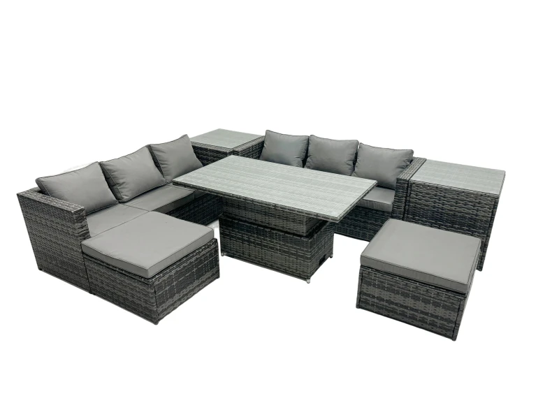 Image of Fimous Rattan Dining Table Sofa Set with 2 Side Tables 2 Stool Outdoor 8 Seat in Dark Grey Dark Grey Unisex