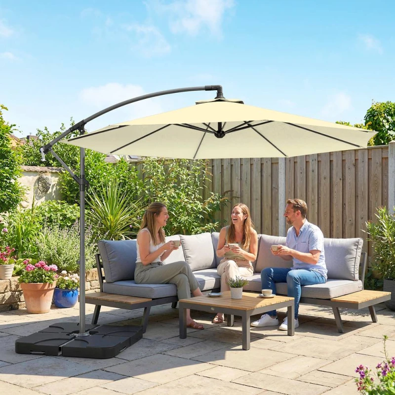Image of Outsunny 3(m) Banana Parasol Cantilever Umbrella Garden w/ Base Weights - Grey, Brown 84D-096V03SD