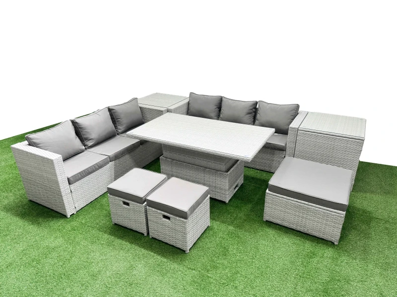 Image of Fimous 8 PCs Rising Dining Table Set Rattan Furniture Set with 3 Seater Sofa in Light Grey Light Grey Unisex