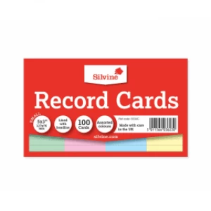 image of Silvine Lined Record Cards 127 x 76mm - Assorted Colours (100 Pack)