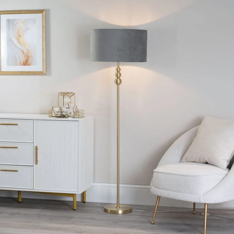 Image of ValueLights ValueLights Marissa Velvet Drum Shade with Brushed Gold Stacked Floor Lamp with LED Bulb in Grey Grey One Size Unisex 5059406051807