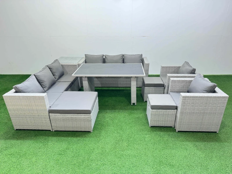 Image of Fimous 11 Seater Outdoor Dining Table 3 Seater Sofa Set with Side Table in Light Grey Light Grey Unisex