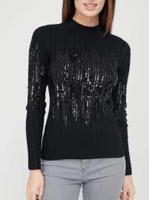 Image of Hugo Boss Rib Embroidered Turtle Neck Knitted Jumper Black Size XS Women