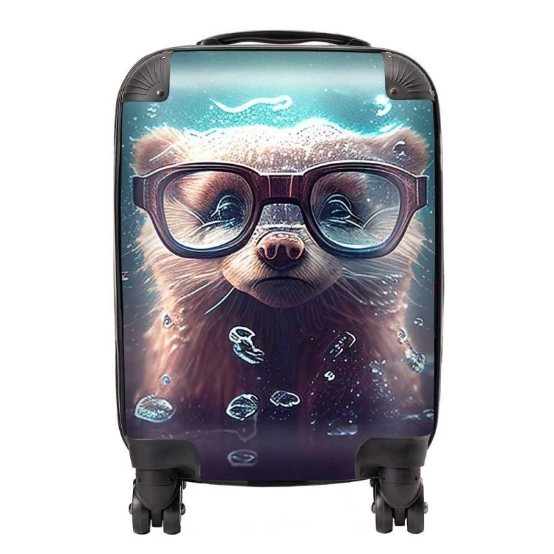 Image of Warren Reed - Designer Ferret With Glasses Splashart Water Suitcase in Blue Size: Large Blue Unisex Large