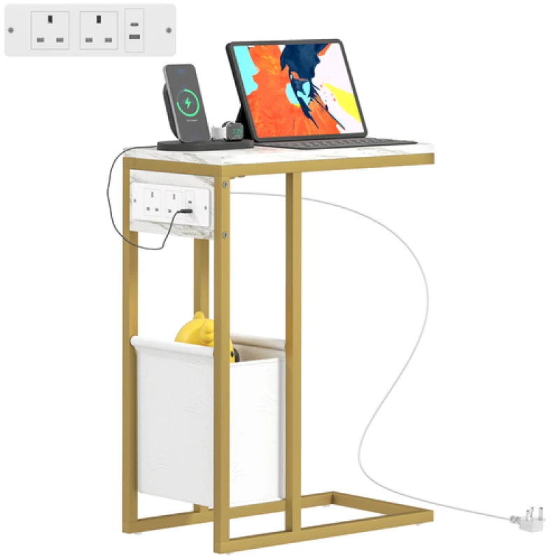 Image of HOMCOM HOMCOM C Shaped Side Table, Faux Marble Bedside Table with Charging Station in White White One Size Unisex 5063603998391