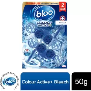 image of Bloo Toilet Rim Blocks Colour Active+ Bleach for Long-Lasting Freshness, 2x50g