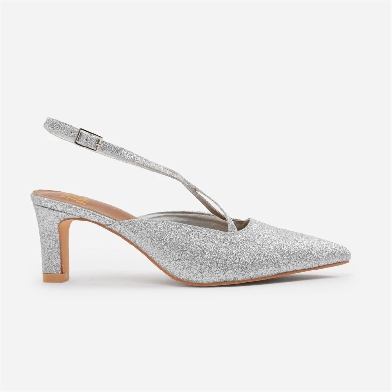 Image of Where's That From 'Raizel' Wide Fit Pointed Toe Low Block Heel With Cross Over Ankle Strap Metallic Silver