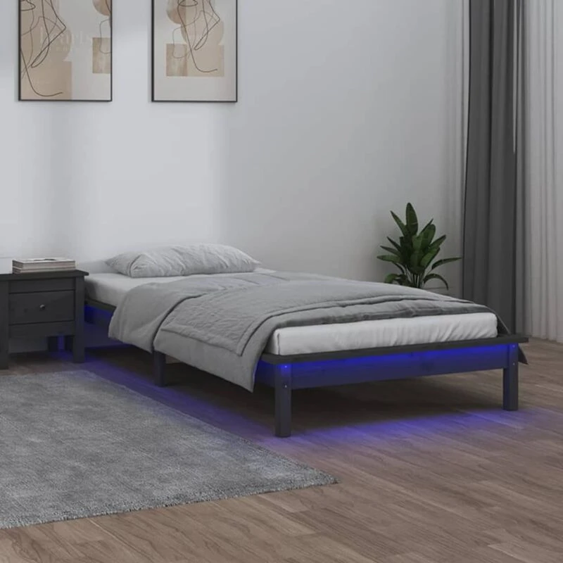 Image of vidaXL LED Bed Frame Grey 100x200cm Solid Wood, Grey 820598