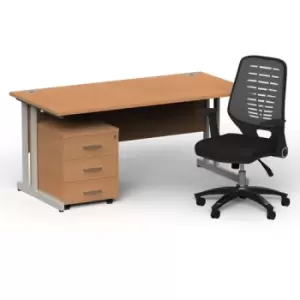 Image of Impulse 1600/800 Silver Cant Desk Oak + 3 Dr Mobile Ped & Relay Silver Back