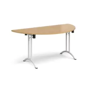 image of Semi circular folding leg table with white legs and curved foot rails 1600mm x 800mm - oak