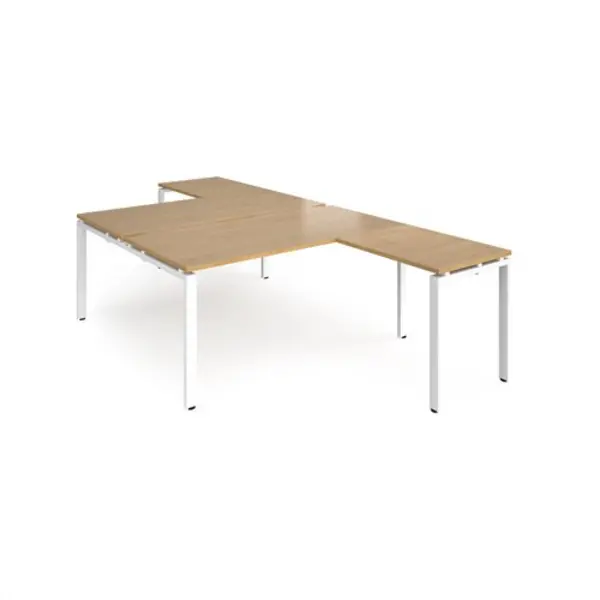 Image of Adapt Bench Desk 2 Person With Return Desks 1600mm Oak Tops With White Frames Adapt Oak ER16168-WH-O