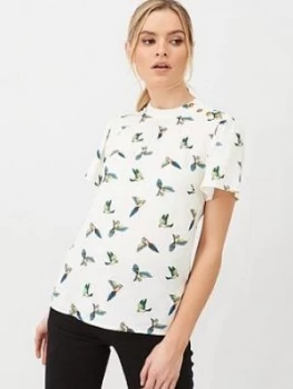 image of Oasis High Neck Bird Button Shoulder T-Shirt - Natural, Size 10, Women