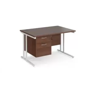 Image of Office Desk Rectangular Desk 1200mm With Pedestal Walnut Top With White Frame 800mm Depth Maestro 25 MC12P2WHW