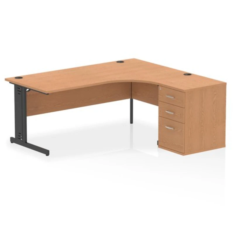 Image of Impulse Impulse 1800mm Right Crescent Office Desk Oak Top Black Cable Managed Leg Workstation 600 Deep Desk High Pedestal IWSRC186BCMOAK