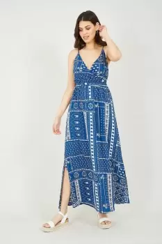 image of Navy Scarf Printed Maxi Dress With Tie Back