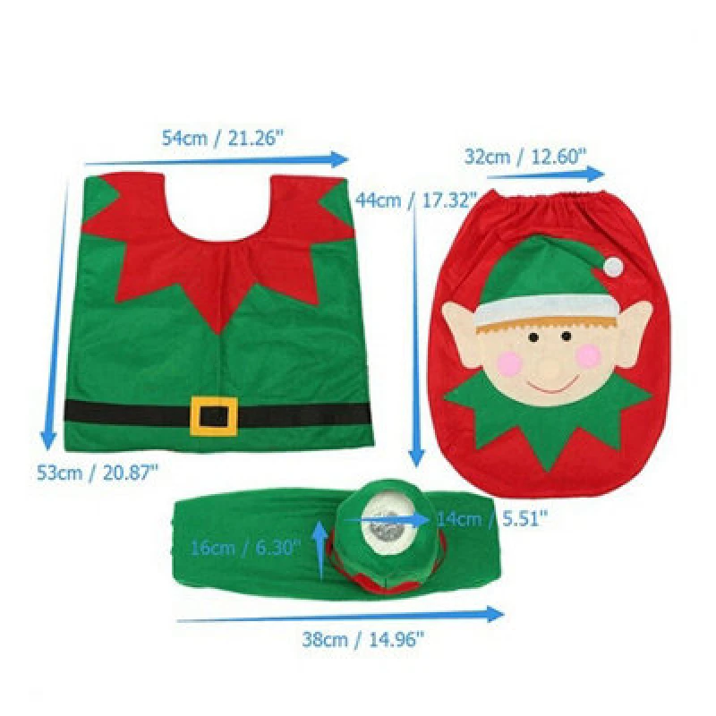 Image of Shatchi Christmas Toilet Seat Cover and Mat Bathroom Set Xmas Home Decor Party Accessories 3pcs, White ELF Multi