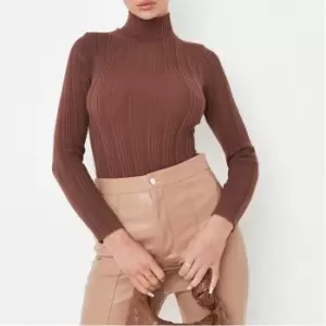 image of Missguided Recycled Petite Rib High Neck Knit Bodysuit - Brown