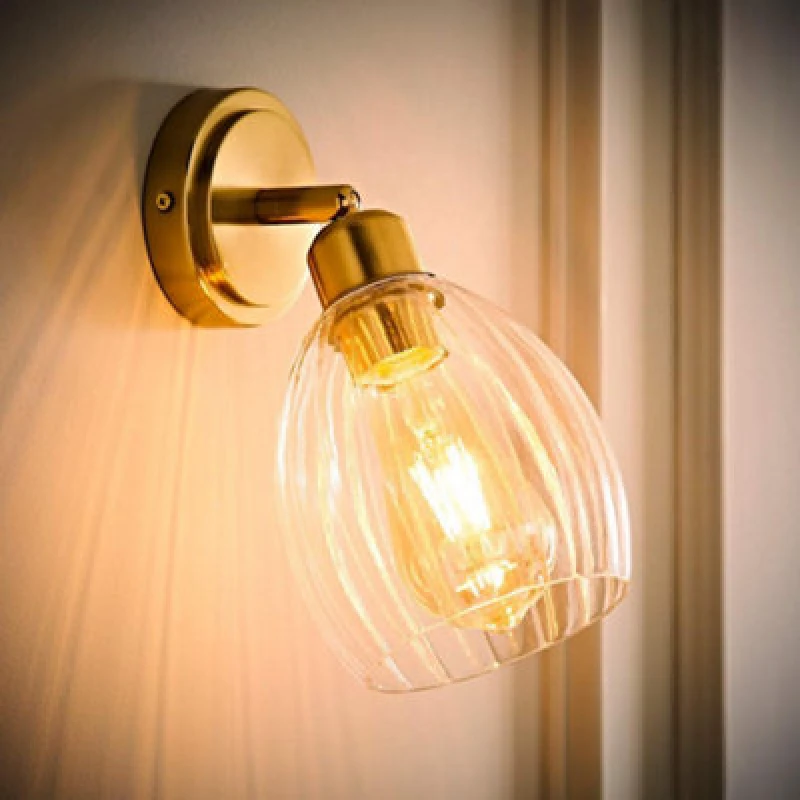 Image of ValueLights ValueLights Cheltenham Ribbed Glass Dome Adjustable Spotlight Wall Light with Bulb in Gold Gold One Size Unisex 5059406071164