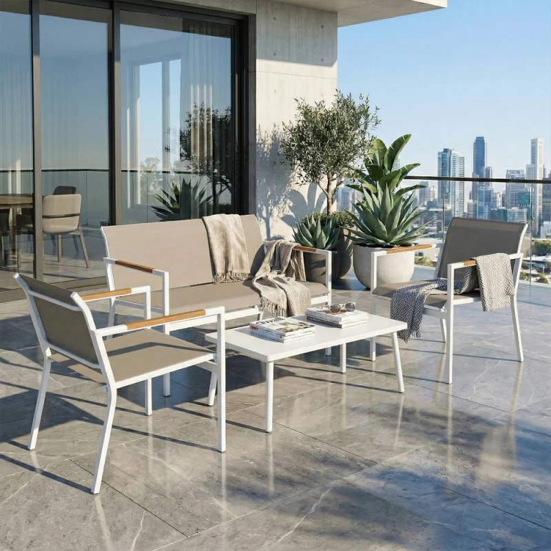 Image of OUTSUNNY 4 Seater Garden Furniture Set, Metal Garden Sofa Set, Khaki Khaki Unisex