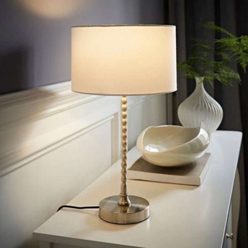Image of ValueLights ValueLights Maeve Fabric Drum Lamp Shade Brushed Chrome Bobbin Bobble Table Lamp with Bulb in White White One Size Unisex 5059406067167
