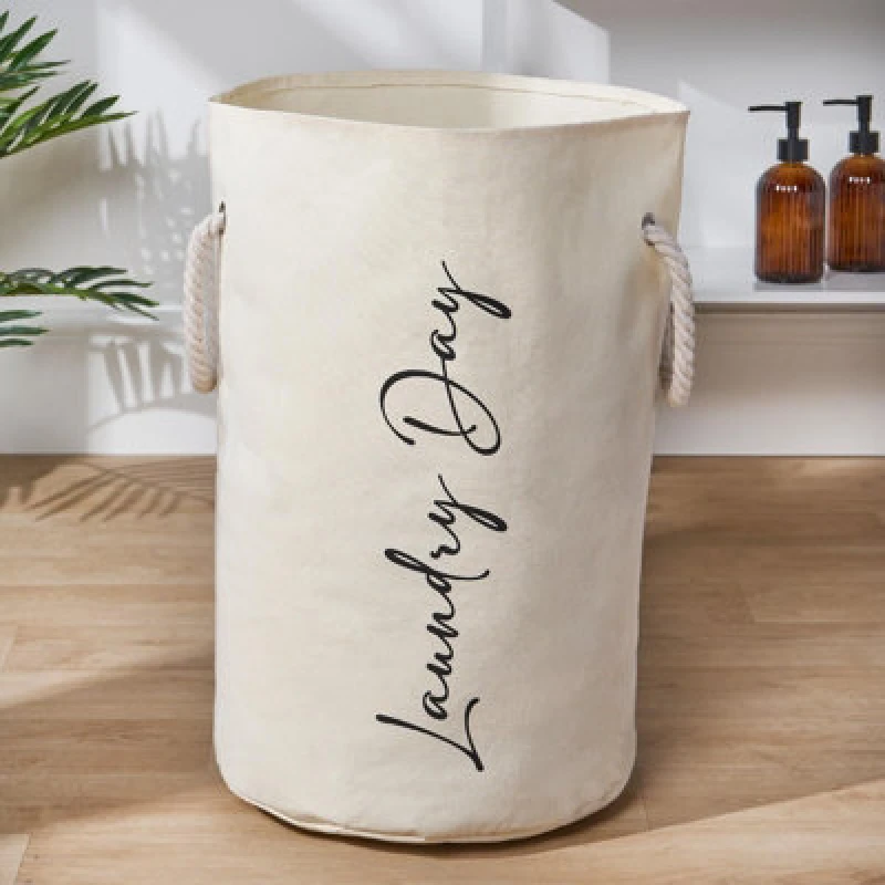 Image of OHS OHS Slogan Round Laundry Basket Hamper Bag with Rope Handles in Beige Beige One Size Unisex 5027434225620